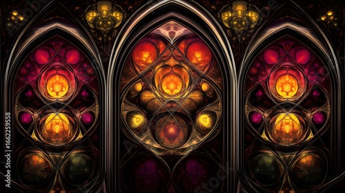 Intricate Gothic Stained Glass Window Art, Ornate Medieval Design, Abstract Triptych