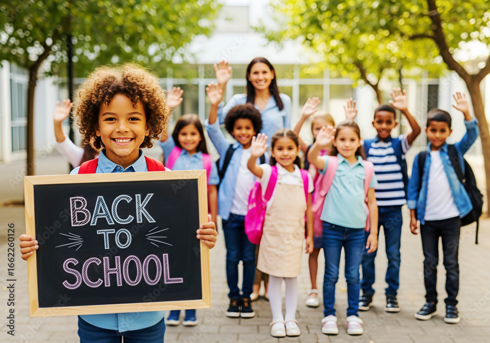 Fototapeta premium Students with backpacks stand with teacher, holding a sign that says 'Back to School'. A happy portrait of education and community.. Academic success, educational opportunity, childhood development.