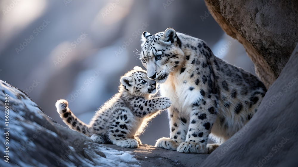 Naklejka premium A touching moment between a snow leopard and its cub, embracing and sharing an affectionate moment amidst a rocky environment. This capture a sense of warmth and love.