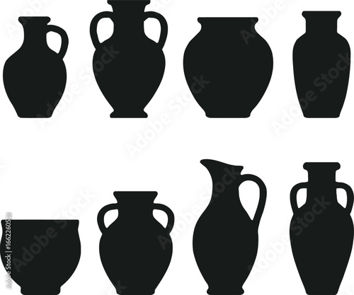 Collection of Eight Black Silhouette Icons of Various Pottery Vases and Jars ceramic