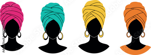 Four silhouetted women with colorful headwraps and hoop earrings on transparent background