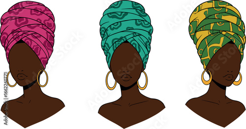 Three women with headwraps and hoop earrings on transparent background