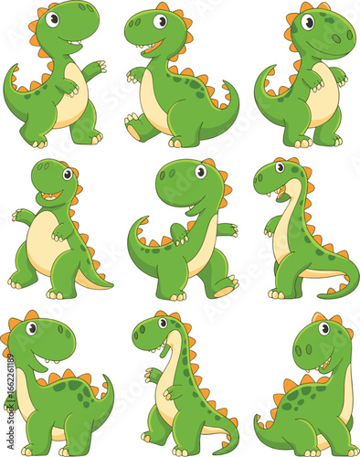 Cute Cartoon Green Dinosaur Collection – Fun Dino Character Set in Different Poses for Kids, Nursery, Educational Posters, Stickers, and Digital Crafts
