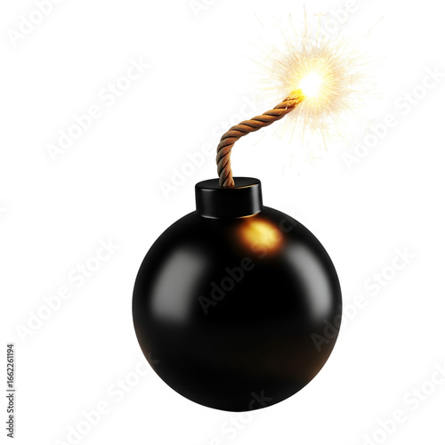 Black Round Bomb With Lit Fuse And Sparking Explosion explosive isolated on a transparent background, png.