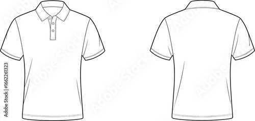 Polo shirt front and back technical flat sketch, vector outline fashion template for clothing design, apparel tech pack, sewing pattern