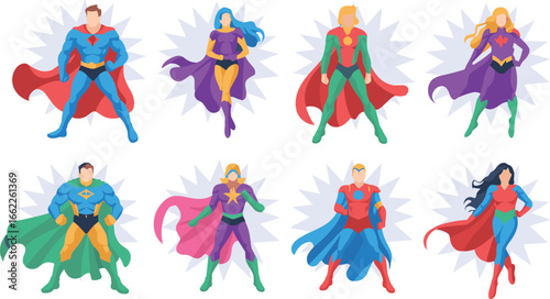 Vector illustration of diverse male and female superheroes in colorful costumes with capes, powerful poses, and dynamic backgrounds for comic, action, and fantasy concepts