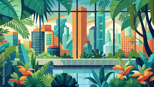 Indoor tropical foliage wall with cascading plants and panoramic urban skyline in background