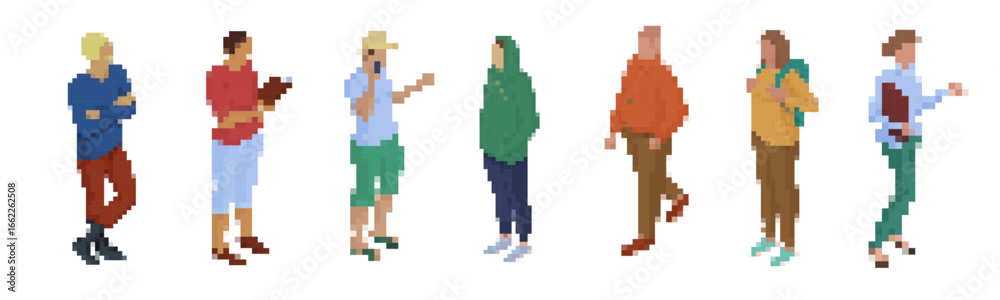 Obraz premium Stylized pixel art mosaic featuring six diverse fashion figures, capturing modern style in a retro 8-bit design.