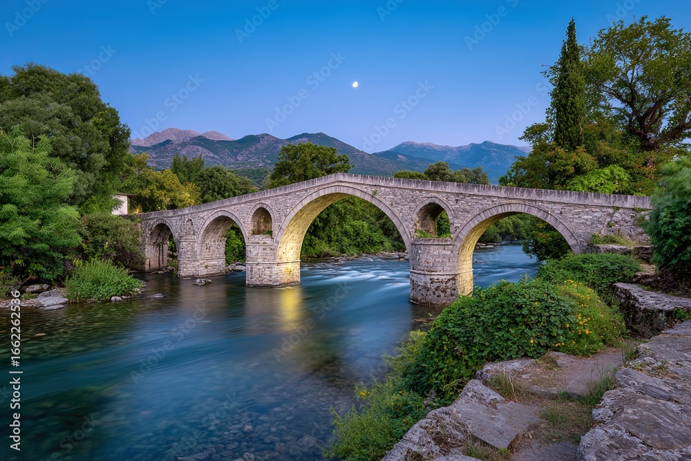 Fototapeta premium Ancient Stone Bridge Spanning a River at Dusk with Mountain Backdrop and Moon in Konitsa Greece