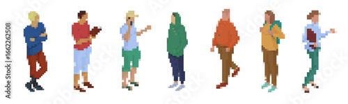 Stylized pixel art mosaic featuring six diverse fashion figures, capturing modern style in a retro 8-bit design.
