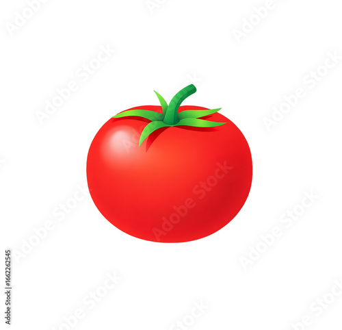 A single ripe red tomato with a vibrant green stem on a black background