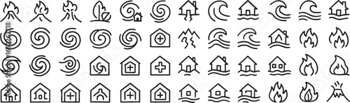 Disaster Icons Depicting Natural Calamities Such as Volcanoes, Hurricanes, Earthquakes, Floods, Wildfires, and the Effects of These Events