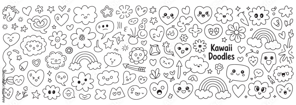 Fototapeta premium Charming Kawaii Doodle Collection a Whimsical Assortment of Cute Hearts, Clouds, Flowers, and Stars with Expressive Faces for Decorative Fun