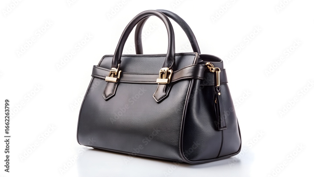 A stylish black leather handbag with gold hardware, isolated on white background A stylish black leather handbag with gold hardware, isolated on white background