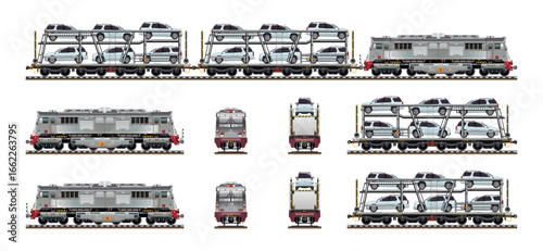 Commuter locomotive carriage train car carrier carrying fully loaded car on two vehicle levels cargo delivery service realistic model highly detailed flat vector set illustration