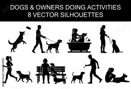 set of 8 dogs and owners in various activities, black silhouettes, vector file