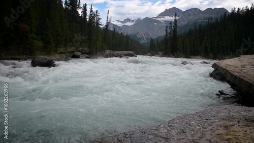 Whitewater Mountain River, Conifer Forest and Glacier Peaks