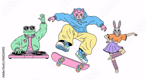 Set of cool anthropomorphic animal characters: a frog DJ, a cat on a skateboard, and a dancing rabbit in trendy outfits.