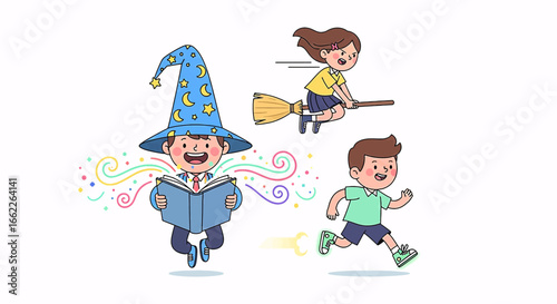 Cartoon children enjoying magical activities like reading a spellbook, flying on a broom, and running with super speed.