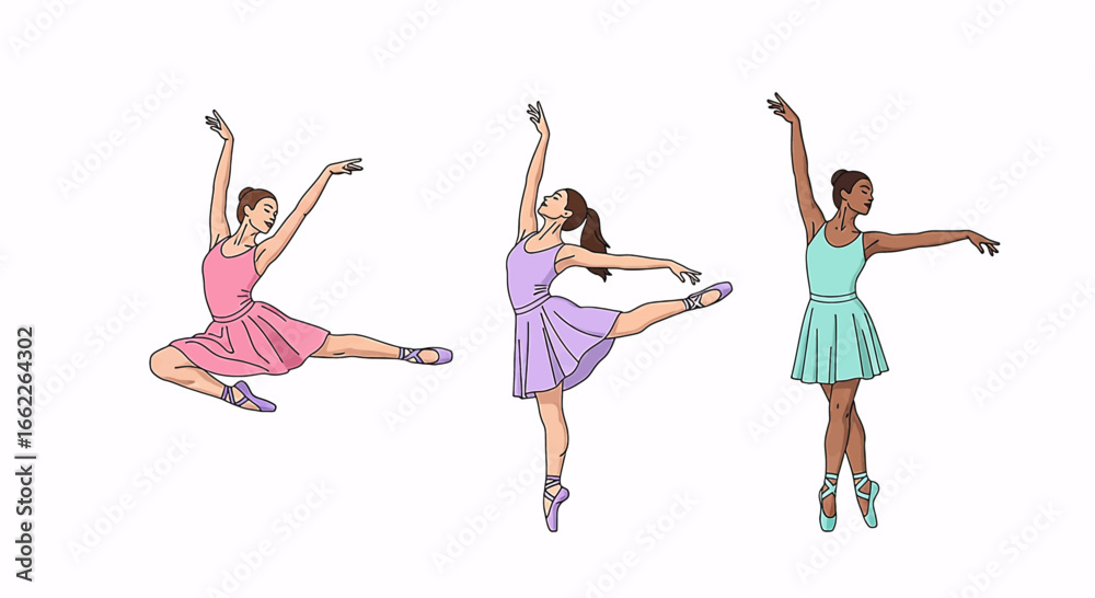 Fototapeta premium Collection of three graceful ballerinas in colorful dresses, performing elegant classical dance poses against a white background.