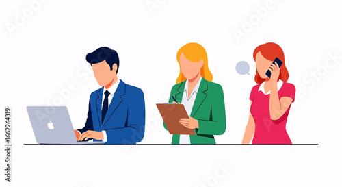 Illustration of a business team at work, with a man on a laptop, a woman with a clipboard, and another on the phone.