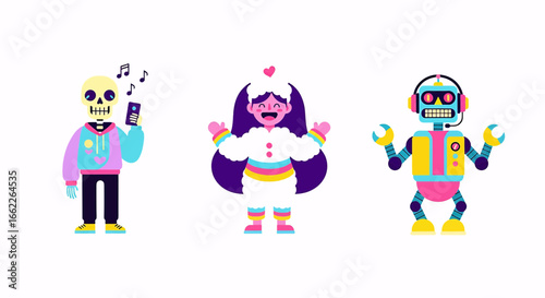 A vibrant collection of modern cartoon characters: a skeleton listening to music, a happy girl, and a robot with headphones.