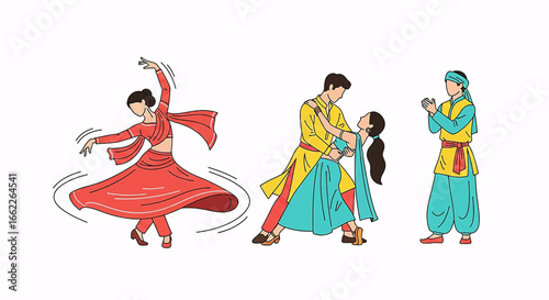 Collection of vector illustrations featuring people in traditional Indian attire performing cultural dances and celebrating.