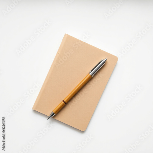 A tan notebook with a gold and silver pen lying on top against a white background in studio shot