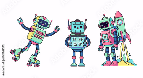Three colorful, retro-style cartoon robots in various poses, including one on roller skates and another with a rocket pack.