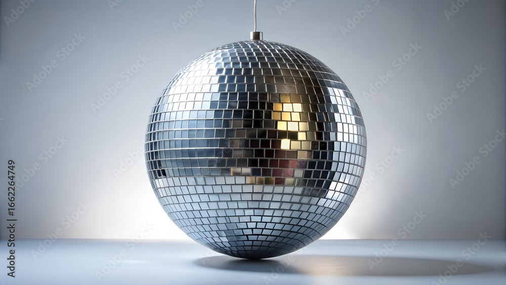 Fototapeta premium A reflective disco ball hanging in a studio with spotlight effect