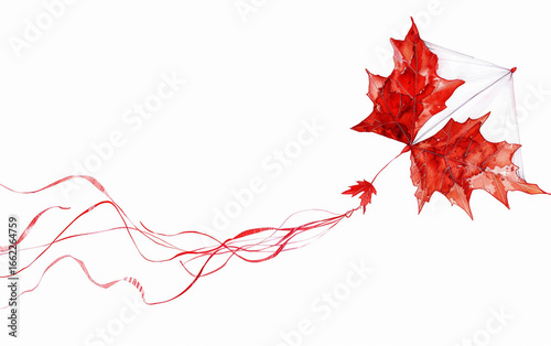 Red and White Kite Flying High in the Sky with a Bold Maple Leaf Design