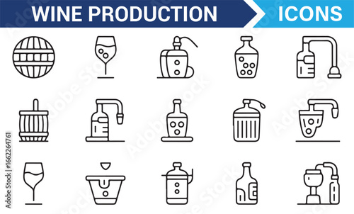 Set of Icons for Wine Production, Bottling, and Distillation