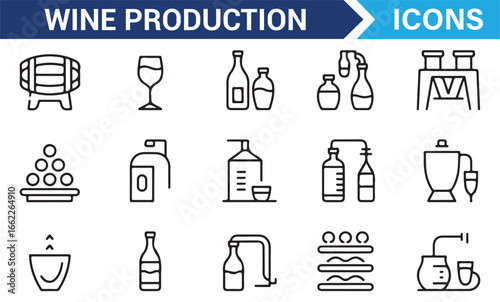 Collection of Winemaking Icons Featuring Barrels, Bottles, and Equipment