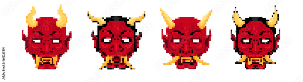 Fototapeta premium Pixel art red demon masks with horns, inspired by retro gaming aesthetics, perfect for design projects.