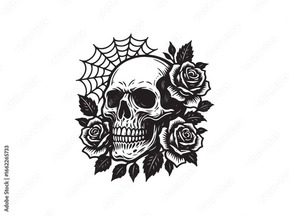 Fototapeta premium Skull with Roses and Spider Web Vector Illustration