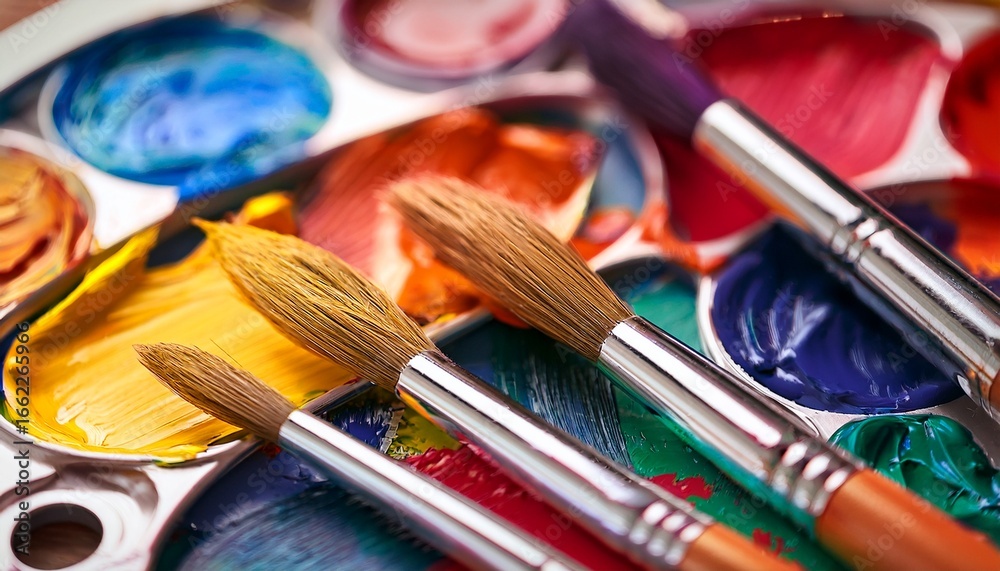 Fototapeta premium vibrant acrylic paints and paintbrushes ready for artistic creation close up of colorful palette and brushes ideal for hobbyists and creative projects