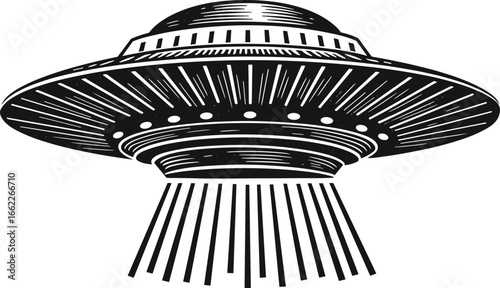 UFO flying saucer vector illustration, alien spaceship with beam of light, sci fi extraterrestrial spacecraft, retro cosmic unidentified object