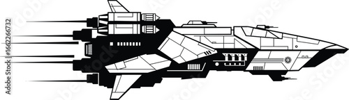 Futuristic spaceship silhouette, sci fi starship vector, space fighter aircraft design, alien warship illustration, cosmic spacecraft concept art graphic