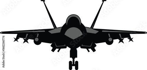 Fighter jet silhouette, military aircraft front view, warplane illustration, modern combat airplane design, aviation vector, defense aerospace jet symbol