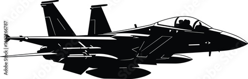 Fighter jet silhouette, military aircraft side view, twin cockpit warplane vector, modern combat airplane illustration, aviation defense jet design graphic