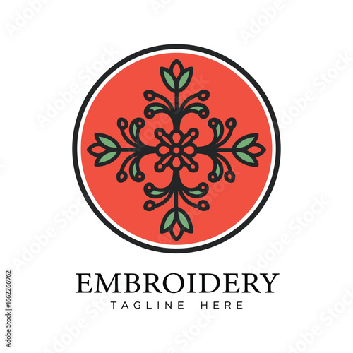 Embroidery logo design red circle floral pattern needlework thread craft