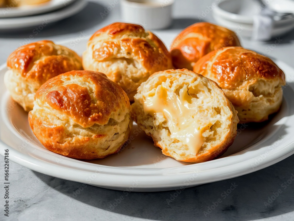 Freshly baked biscuits with melted filling displayed on a white plate