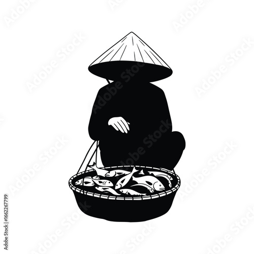 Vietnamese Fish Seller in Conical Hat Black and White Illustration
