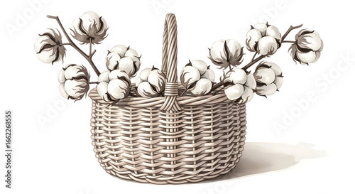 Hand drawn watercolor Cotton Flowers. Dried plants in Basket. Illustration for wedding invitation or greeting cards in vintage style. White floral Bouquet on isolated background in cute pastel colors