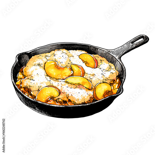 Georgia Peach Cobbler in Cast Iron Skillet with Fresh Peaches