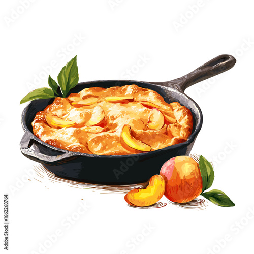 Georgia Peach Cobbler in Cast Iron Skillet with Fresh Peaches