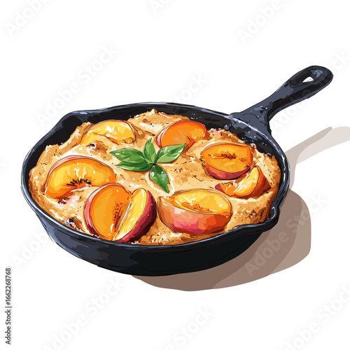 Georgia Peach Cobbler in Cast Iron Skillet with Fresh Peaches