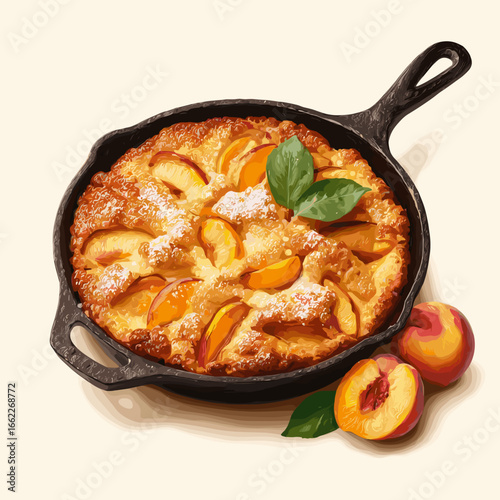 Georgia Peach Cobbler in Cast Iron Skillet with Fresh Peaches