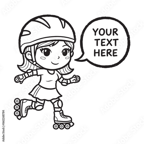 Happy Cartoon Girl Roller Skating with Protective Gear and Speech Bubble