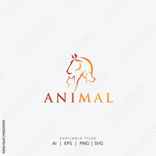 Modern minimalist veterinary logo with intertwined animal silhouettes, Creative line art vector for a pet care business, Professional animal health logo with horse, dog, and cat icon